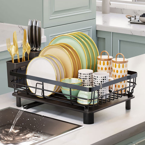 AIDERLY iron dish drying rack with drainboard keeps countertops dry and organized.