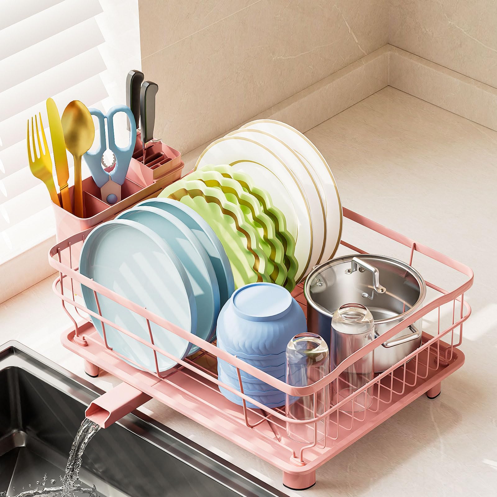 AIDERLY iron dish drying rack in pink showing automatic drainage for a dry countertop.
