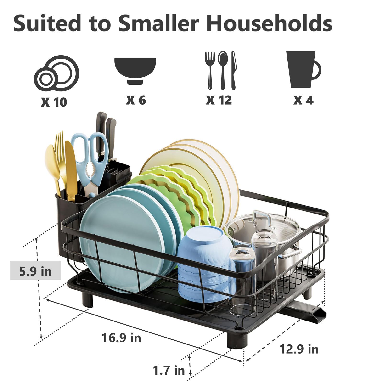 Removable cutlery basket with knife slots frees main drying space.