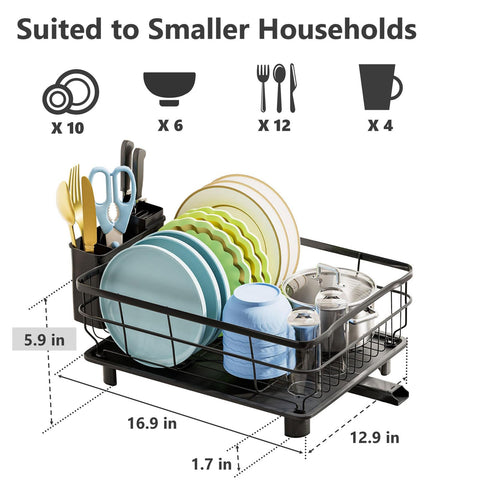 Removable cutlery basket with knife slots frees main drying space.