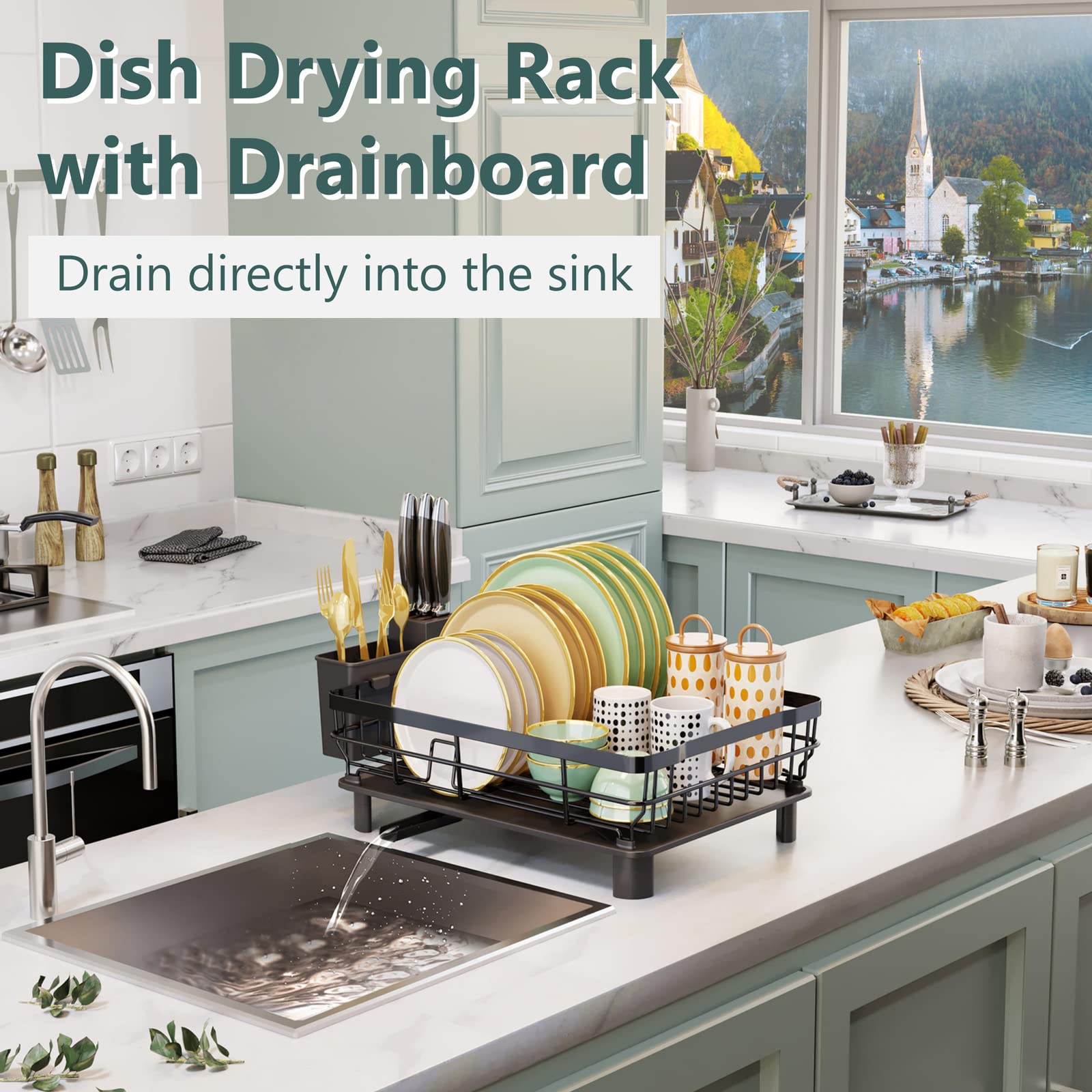 AIDERLY dish rack with extended spout directs water into the sink.