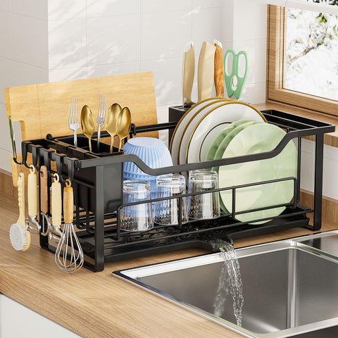 AIDERLY narrow dish drying rack front view with auto drainage for a dry countertop.
