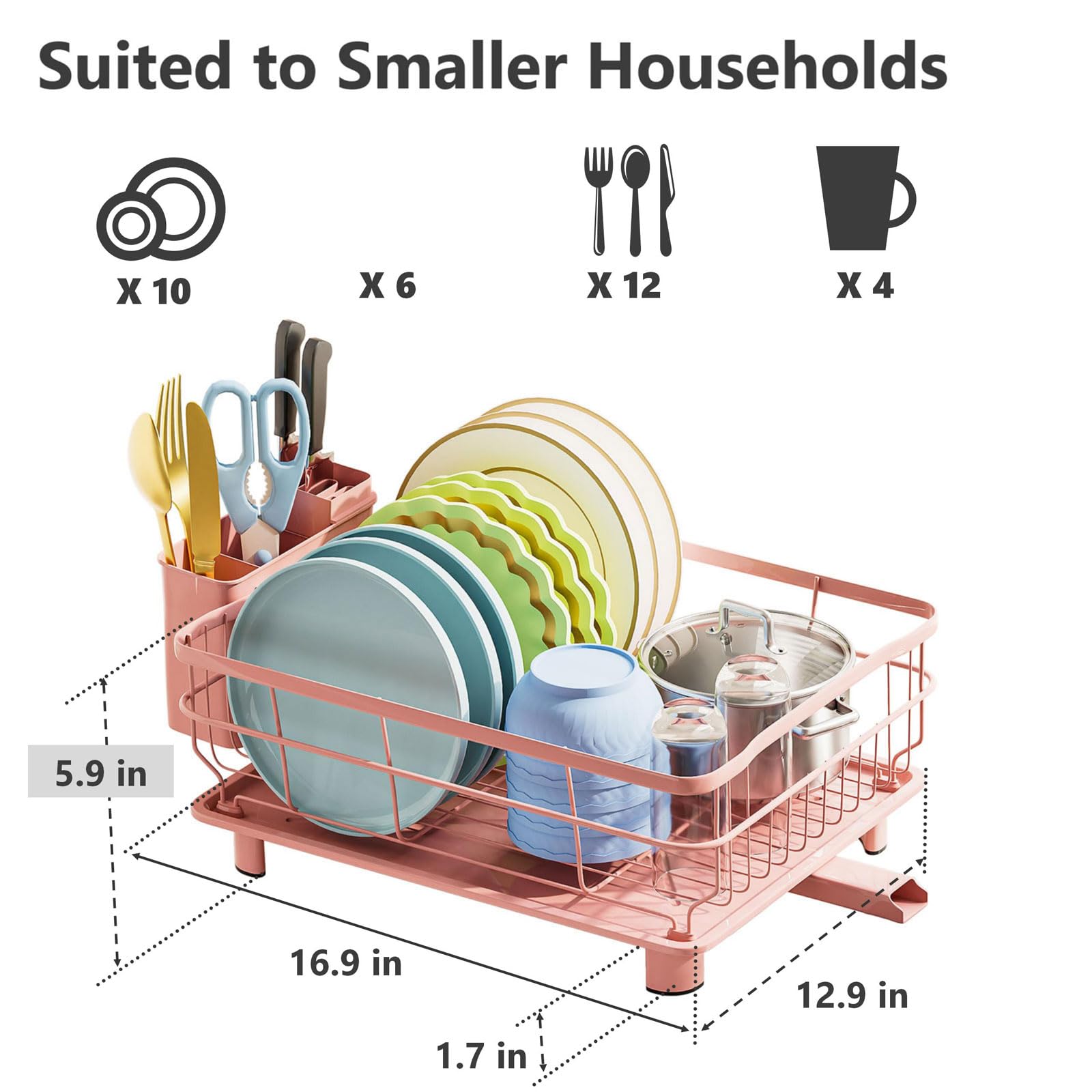 AIDERLY pink dish rack demonstrating a compact footprint on a kitchen counter.