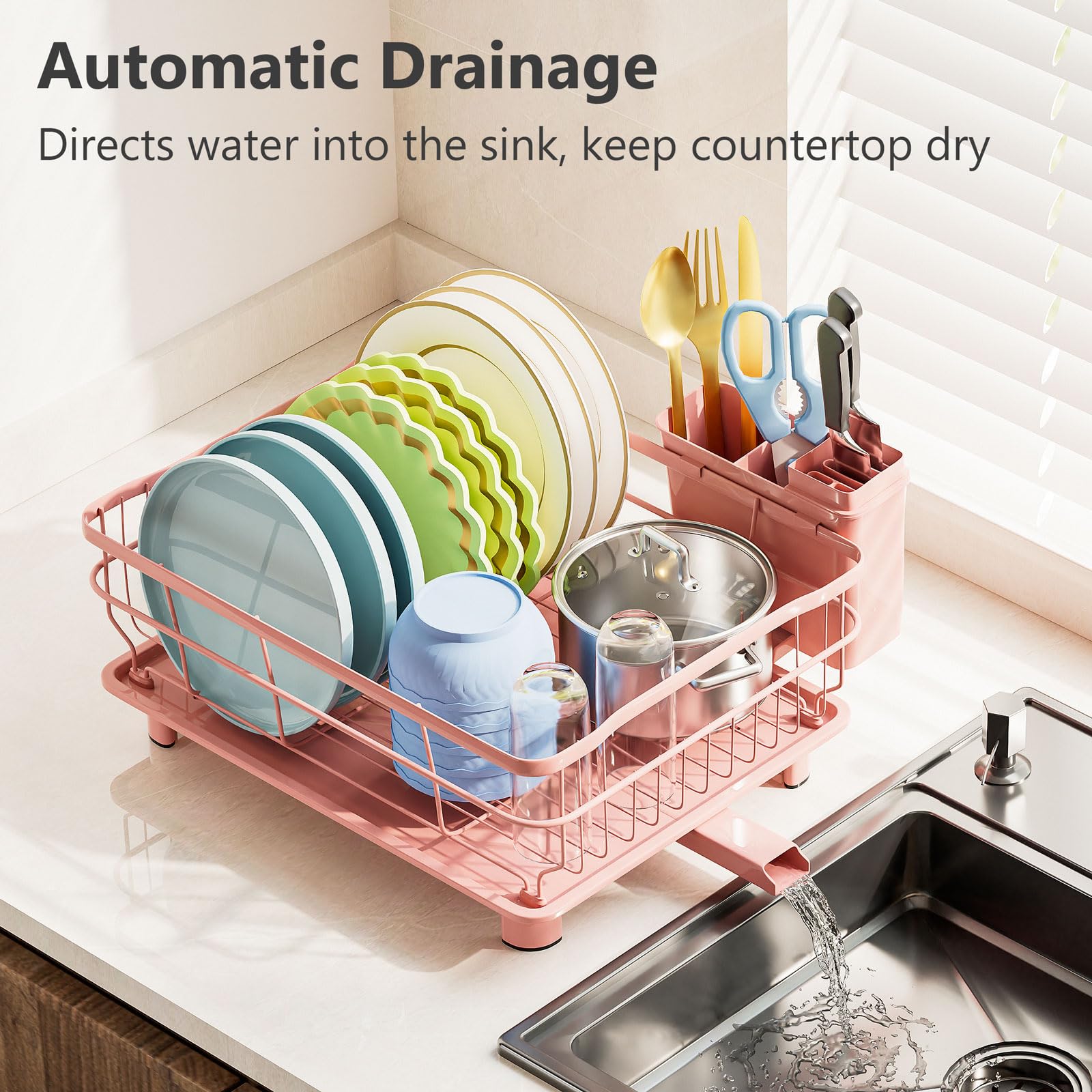 AIDERLY removable cutlery basket with knife slots attached to the rack for organized drying.