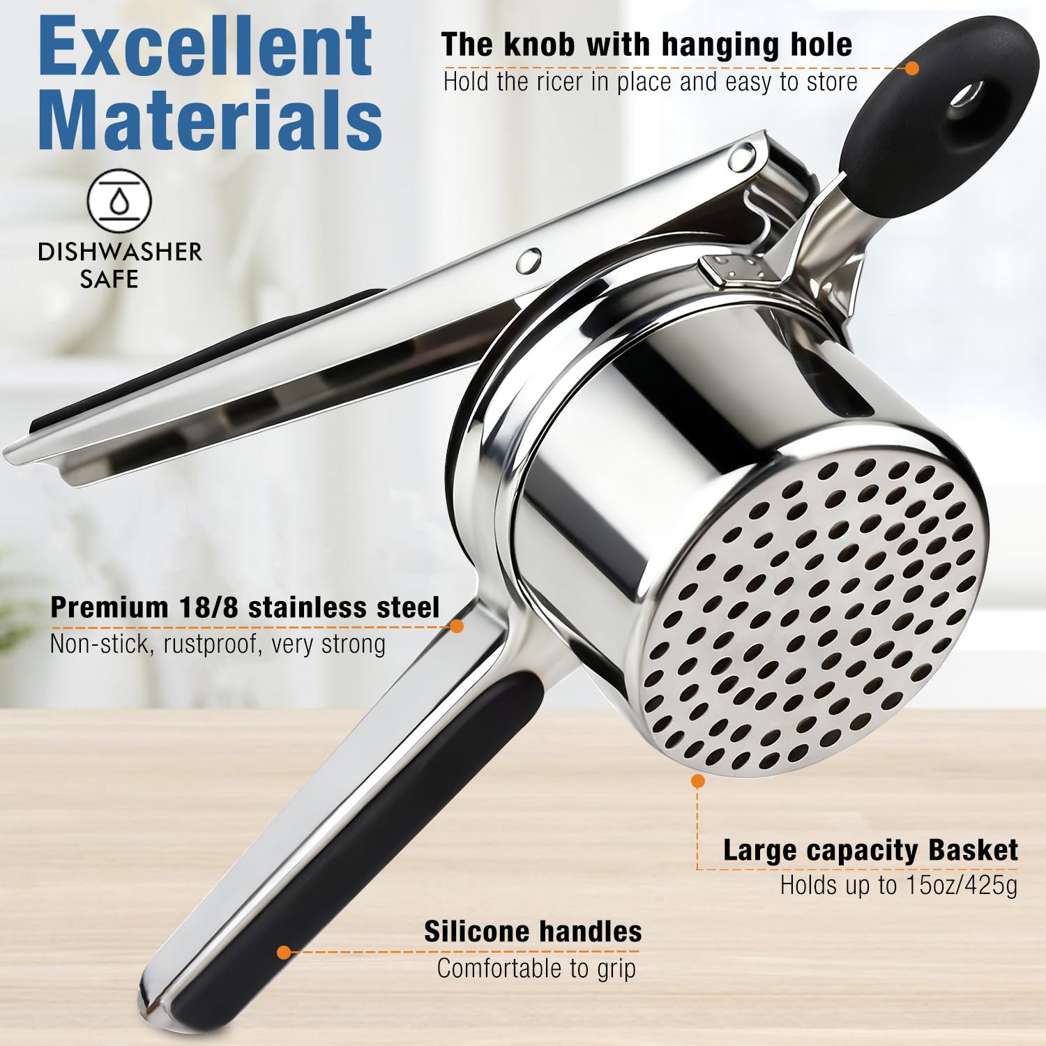 Stainless steel AIDOIT potato ricer showing durable construction