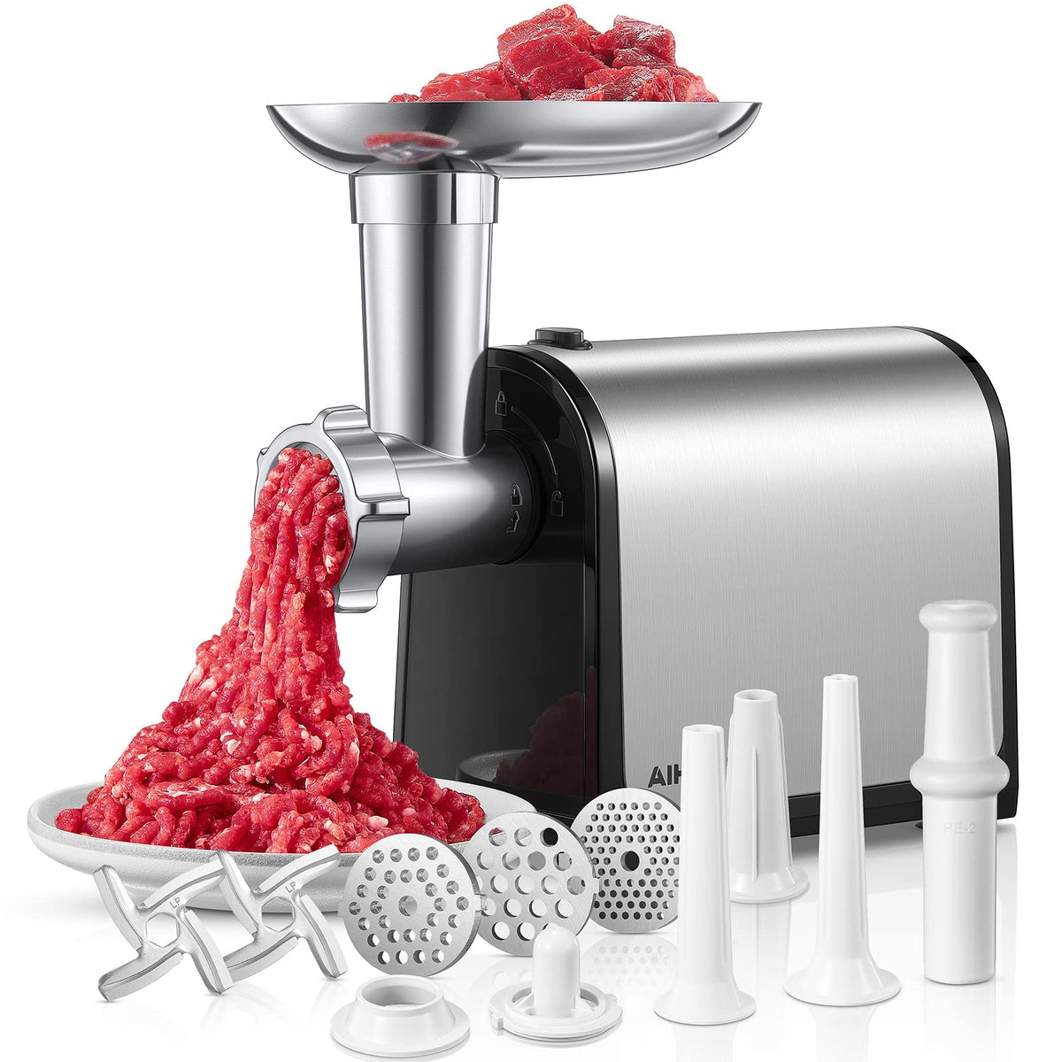 Aiheal electric meat grinder with motor and base for efficient home grinding.