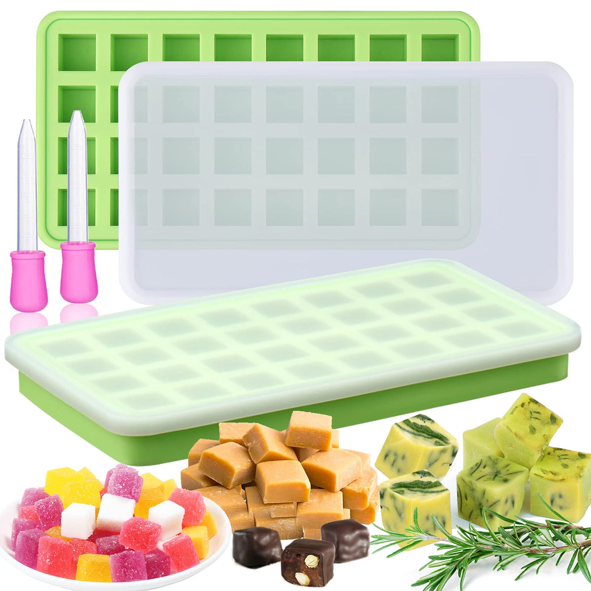 AIERSA silicone molds with 32 square cavities for easy pop-out herb cubes