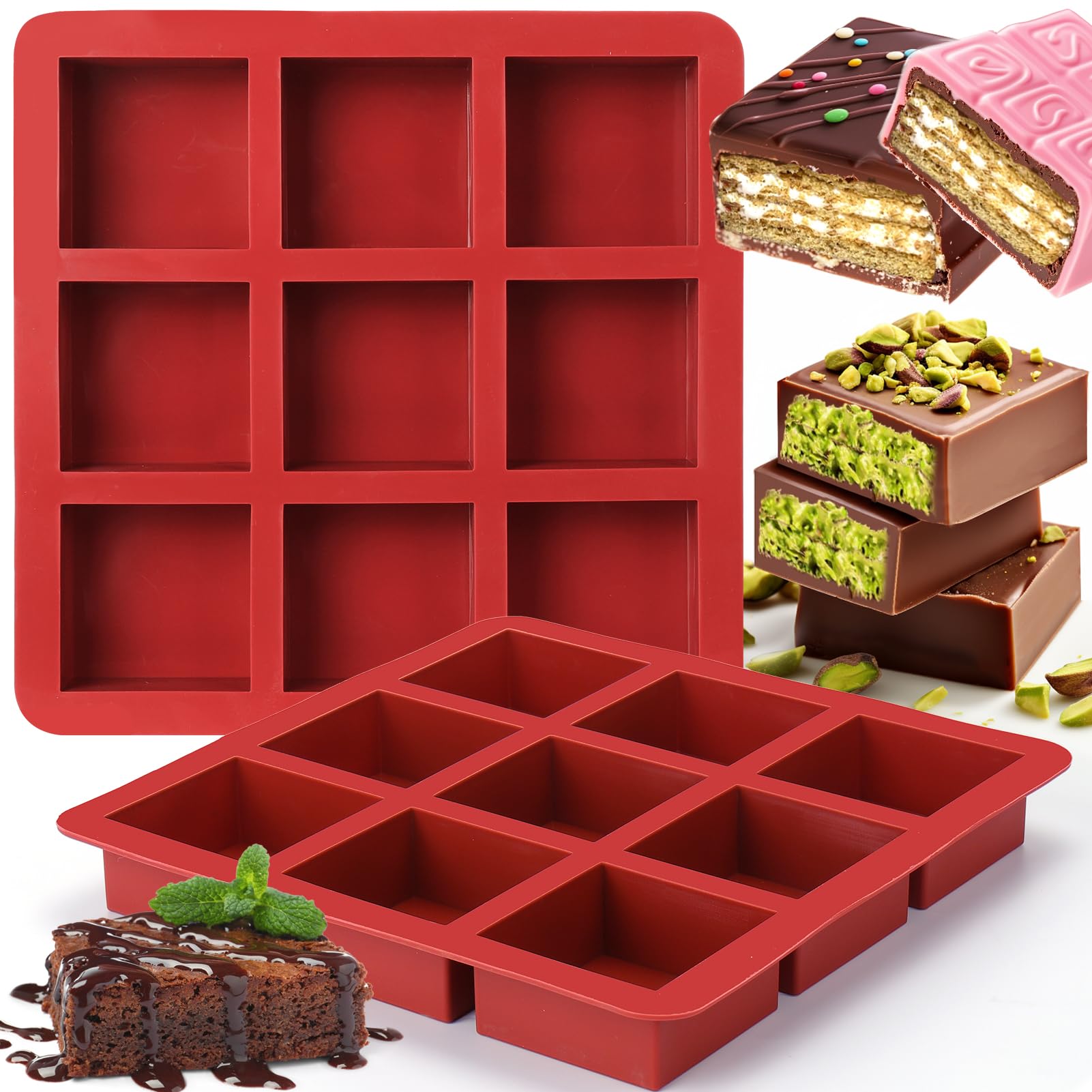 AIERSA square silicone chocolate molds with 2 pieces and 1-inch depth for easy portioning.