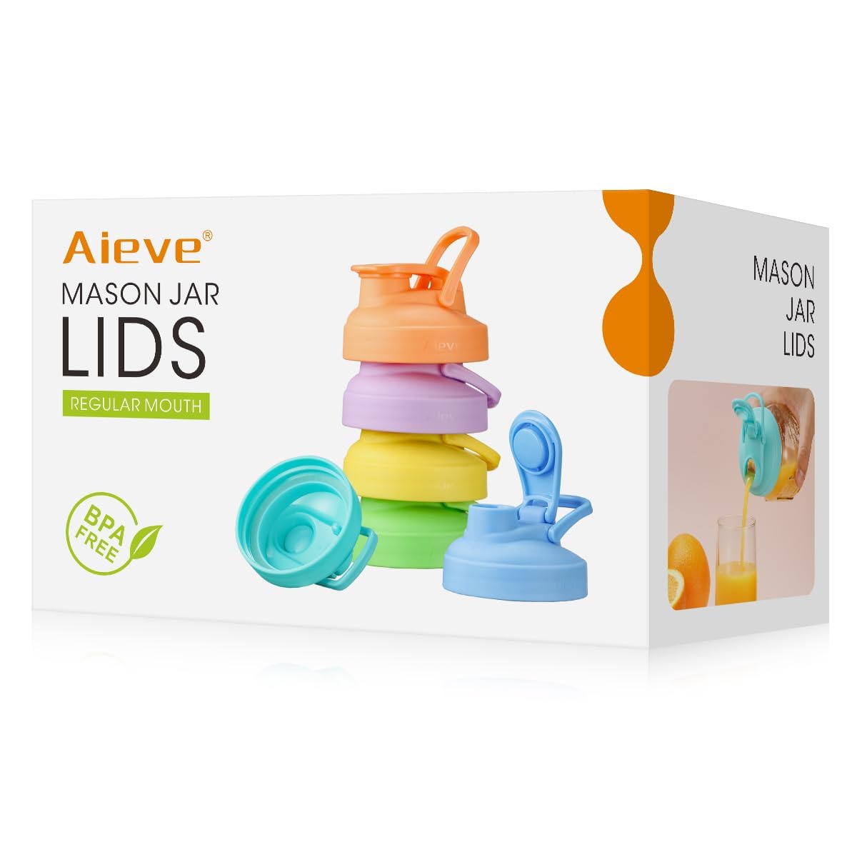 AIEVE 6-pack regular mouth pour-spout lids for leak-free beverage storage and on-the-go pouring.