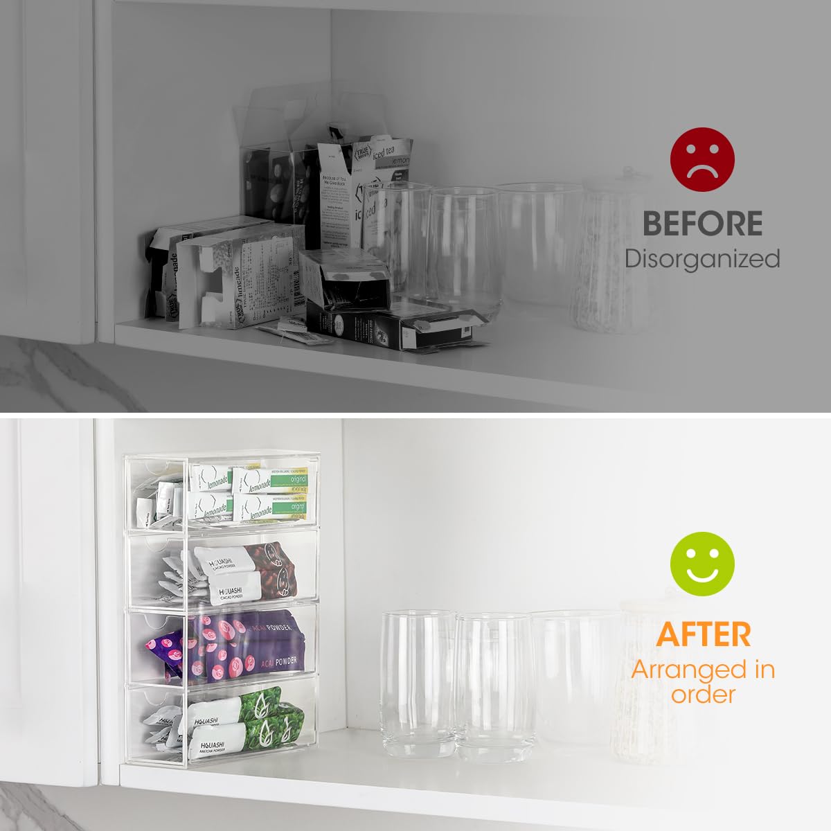 AIEVE acrylic water flavor container shows clear drawers for quick packet selection.