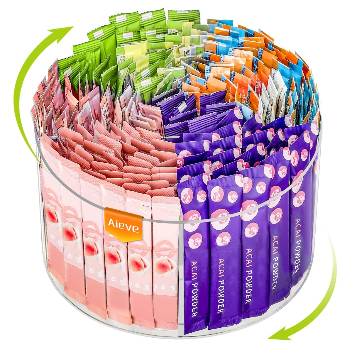 AIEVE drink packet organizer with 360-degree rotation for quick access to flavors