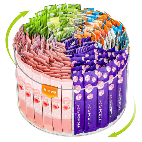 AIEVE drink packet organizer with 360-degree rotation for quick access to flavors