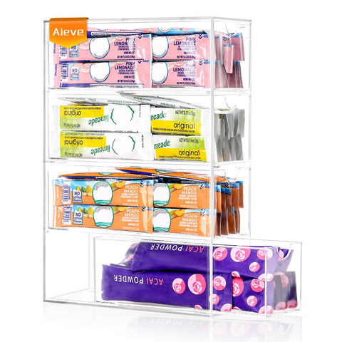 AIEVE drink packet organizer with four drawers keeps flavors neatly organized and within easy reach.