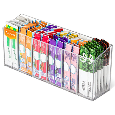 AIEVE drink packet organizer with six compartments keeps flavors neatly separated and within reach.