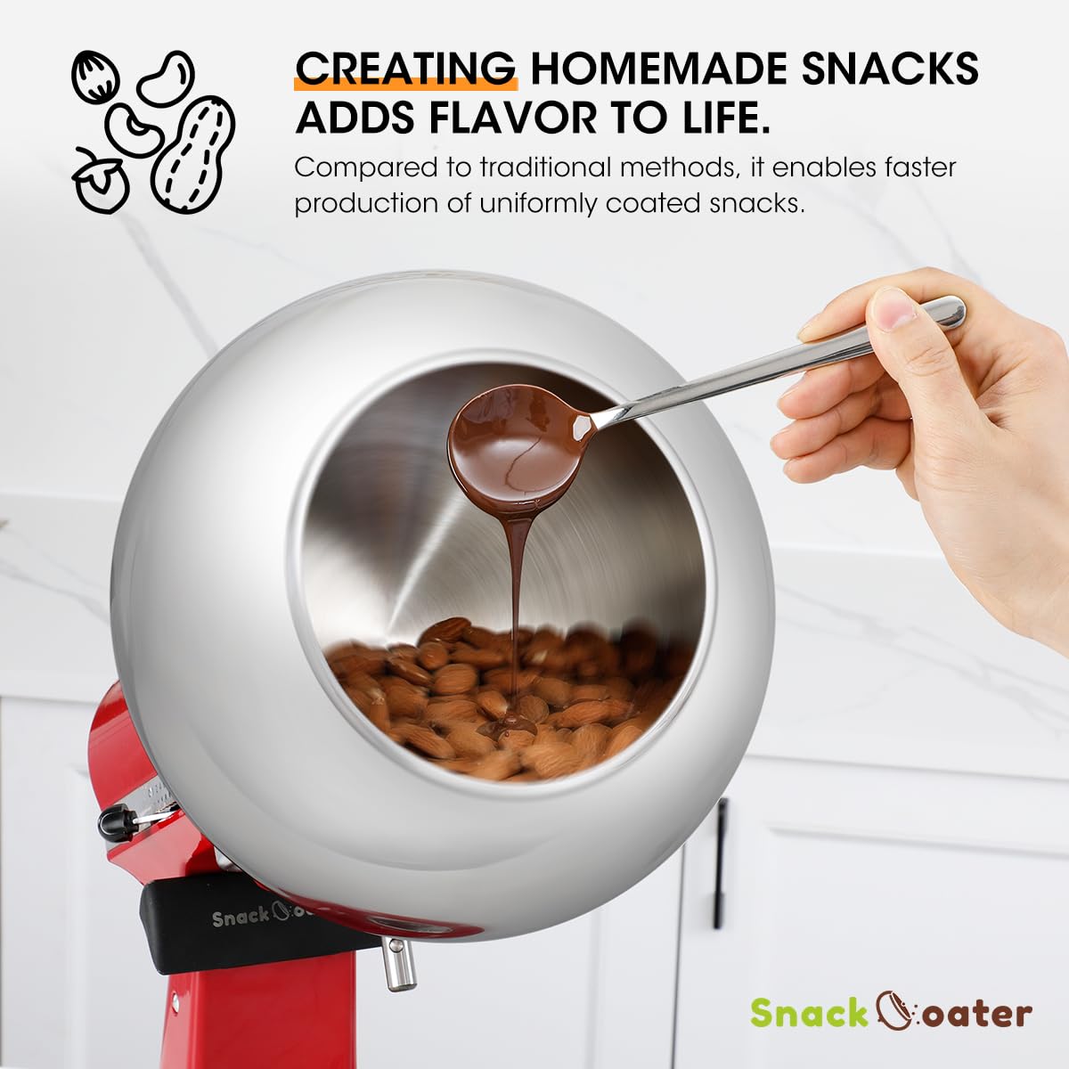 AIEVE Snack Coater batching almonds showing even chocolate coating