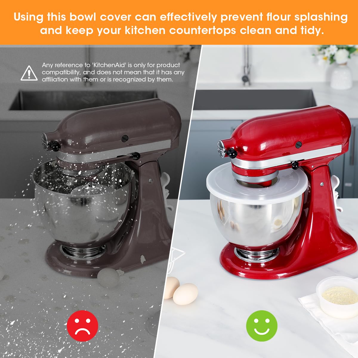 AIEVE splatter guard lids mounted on a KitchenAid mixer for clean countertops