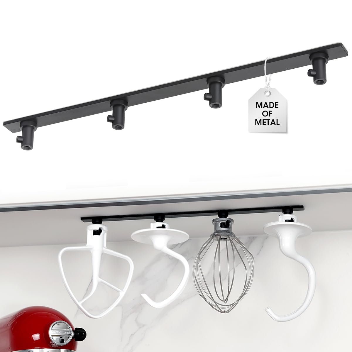 AIEVE stand mixer attachment holder with hook mounts keeps attachments organized.