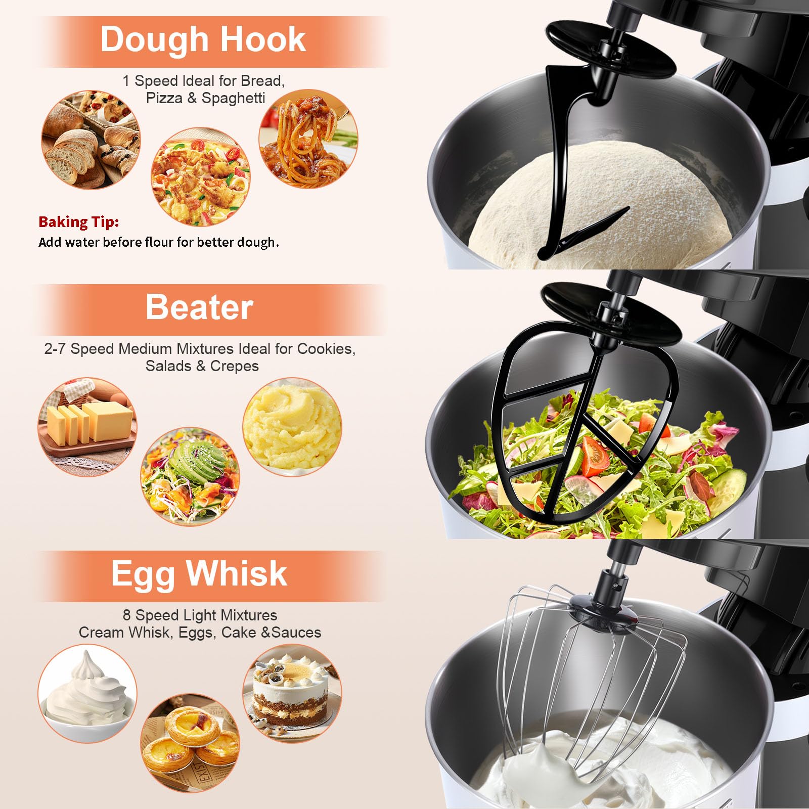 Aifeel dough hook attachment kneads bread and pizza dough smoothly.