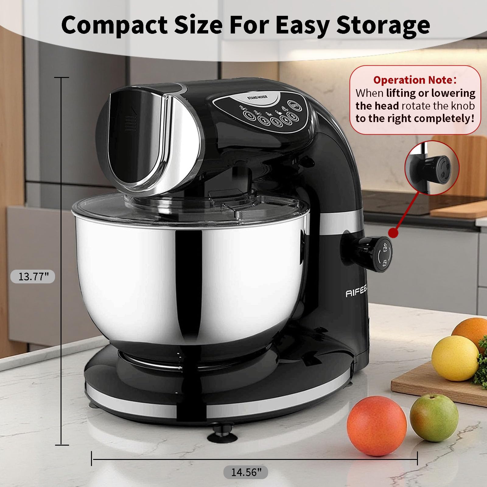 Aifeel stand mixer showing nesting bowls for space-saving prep