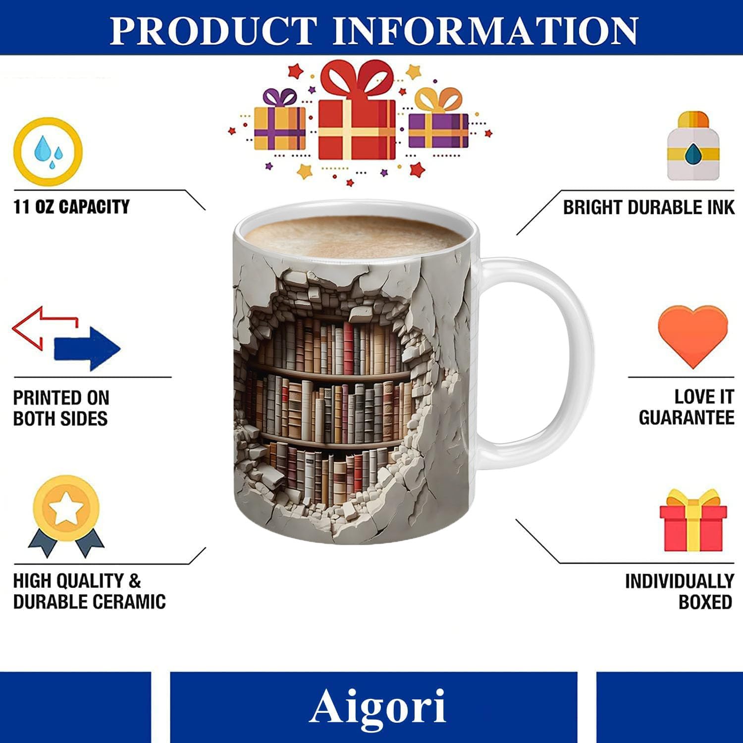 Aigori Library Bookshelf Mug holds 11oz for coffee or tea breaks