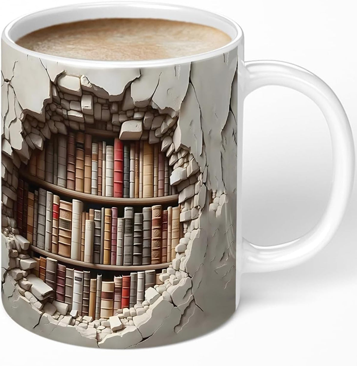Aigori Library Bookshelf Mug with books-on-shelf design for cozy mornings
