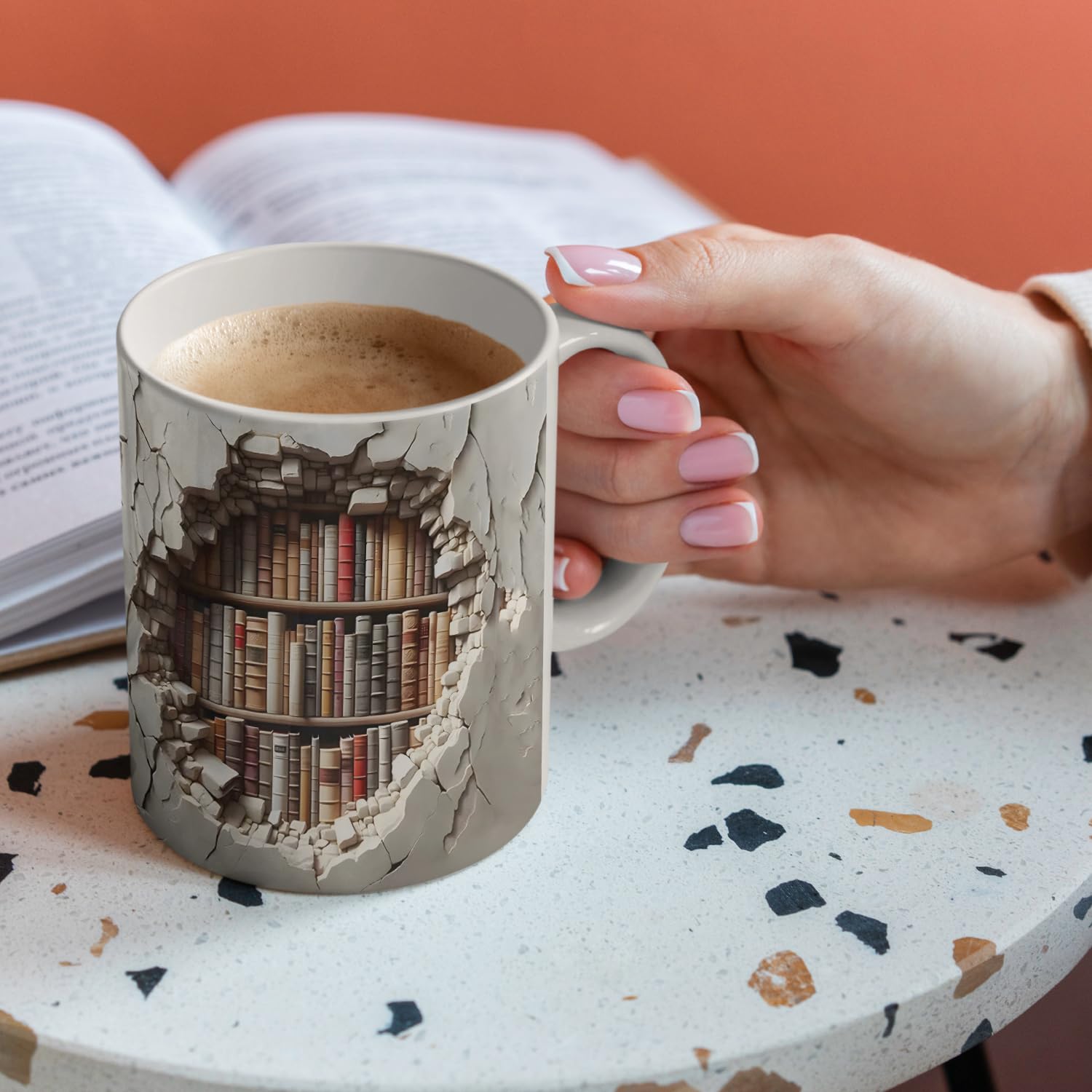Aigori Library Bookshelf Mug prints a library design to delight book lovers