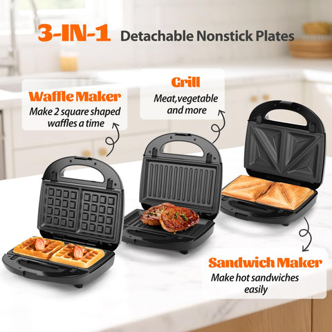 Aigostar 3-in-1 kitchen appliance unlocks panini, grill, and waffle versatility.
