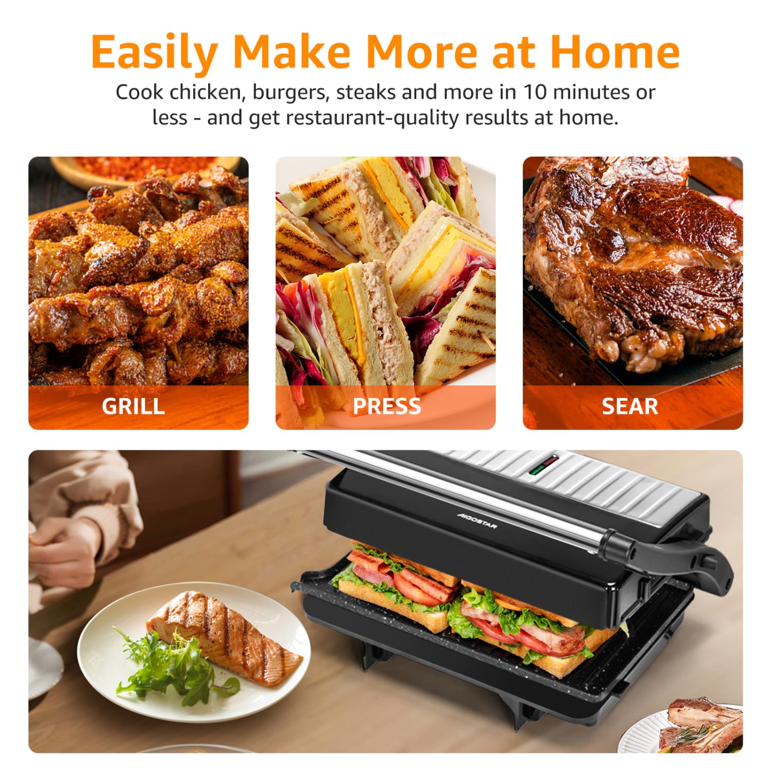 Cool-touch handle provides safe, comfortable operation during grilling.