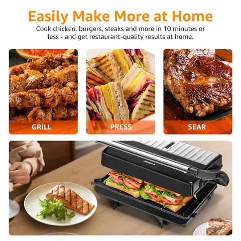 Cool-touch handle provides safe, comfortable operation during grilling.