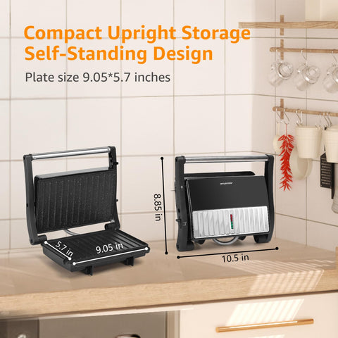 Silver finish on Aigostar Panini Press adds a sleek kitchen touch.