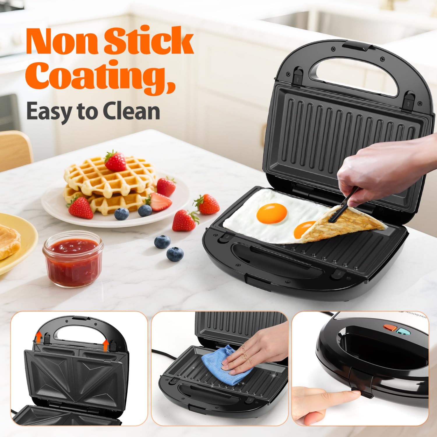 Aigostar sandwich maker cool-touch handle ensures safe, comfortable use.