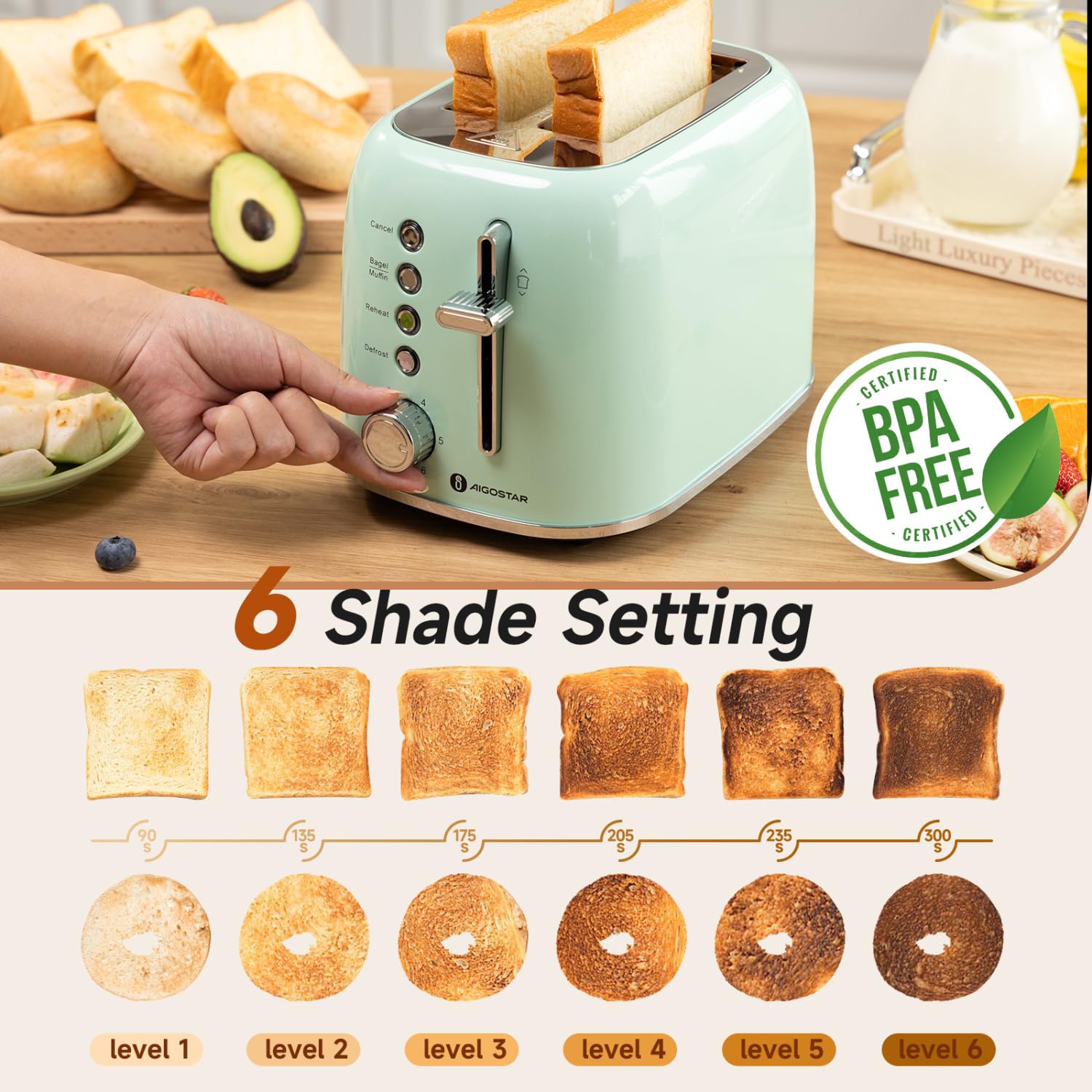Aigostar aqua green toaster with bagel setting for single side toasting