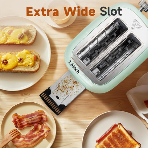 Aigostar aqua green toaster demonstrates defrost function for frozen bread