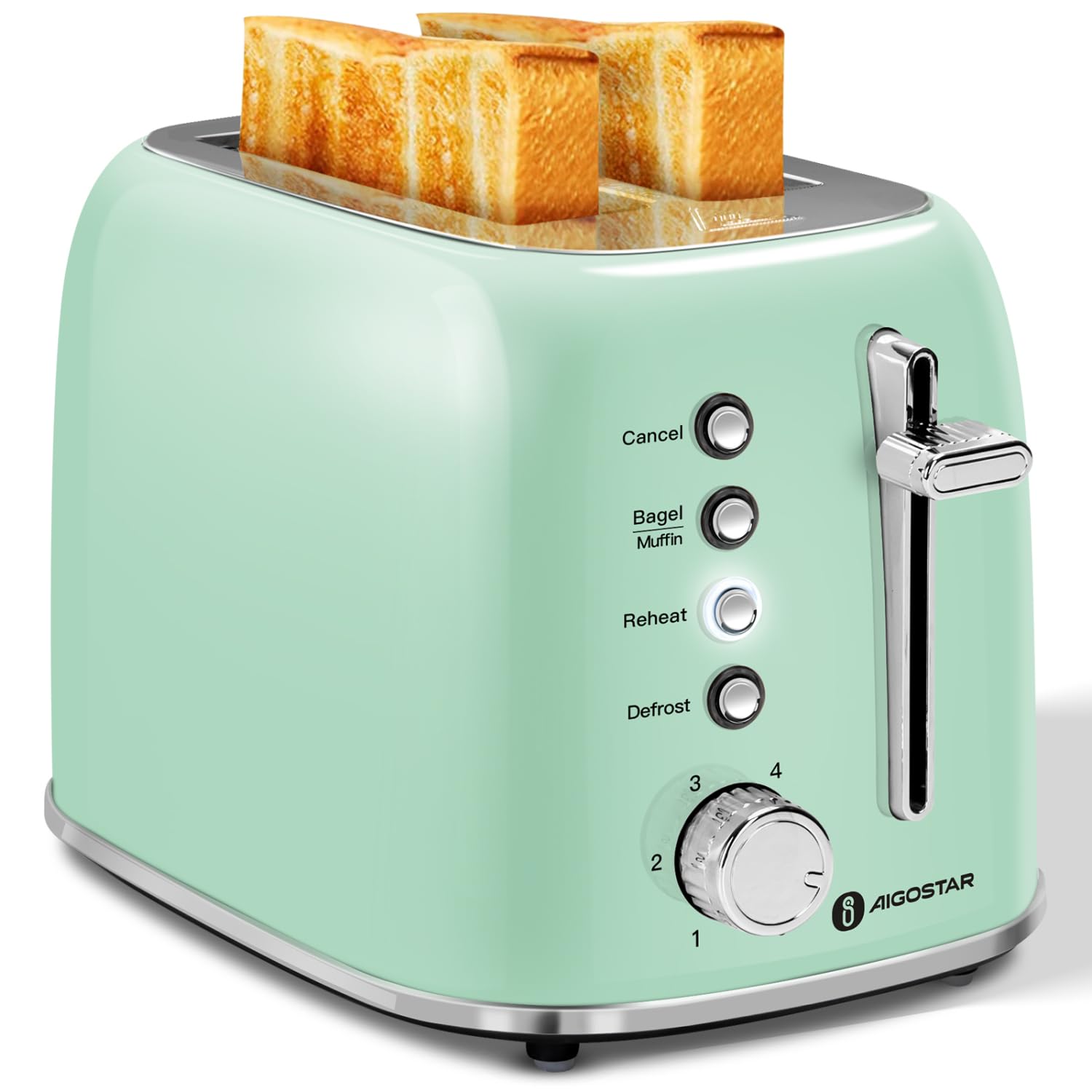 Aigostar 2-Slice Retro Toaster in aqua green, front view ready for daily use and reliable browning