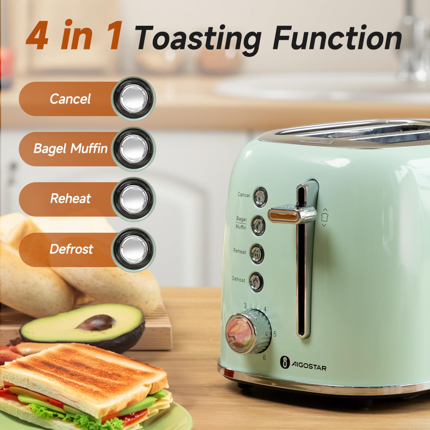 Aigostar toaster slot close-up shows 1.6 inch wide slots for thick bagels