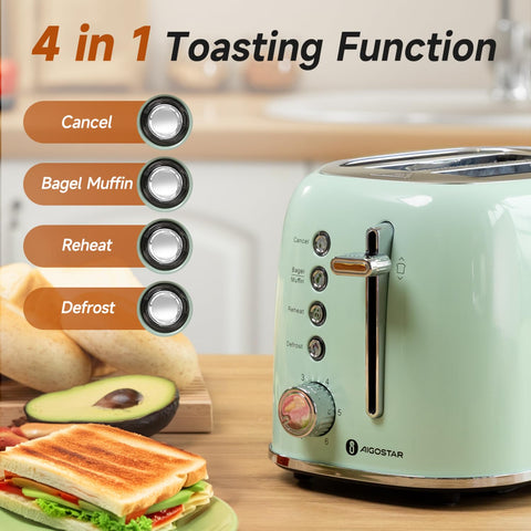 Aigostar toaster slot close-up shows 1.6 inch wide slots for thick bagels