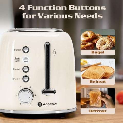 Aigostar toaster with extra-wide slots ideal for bagels and thick bread.