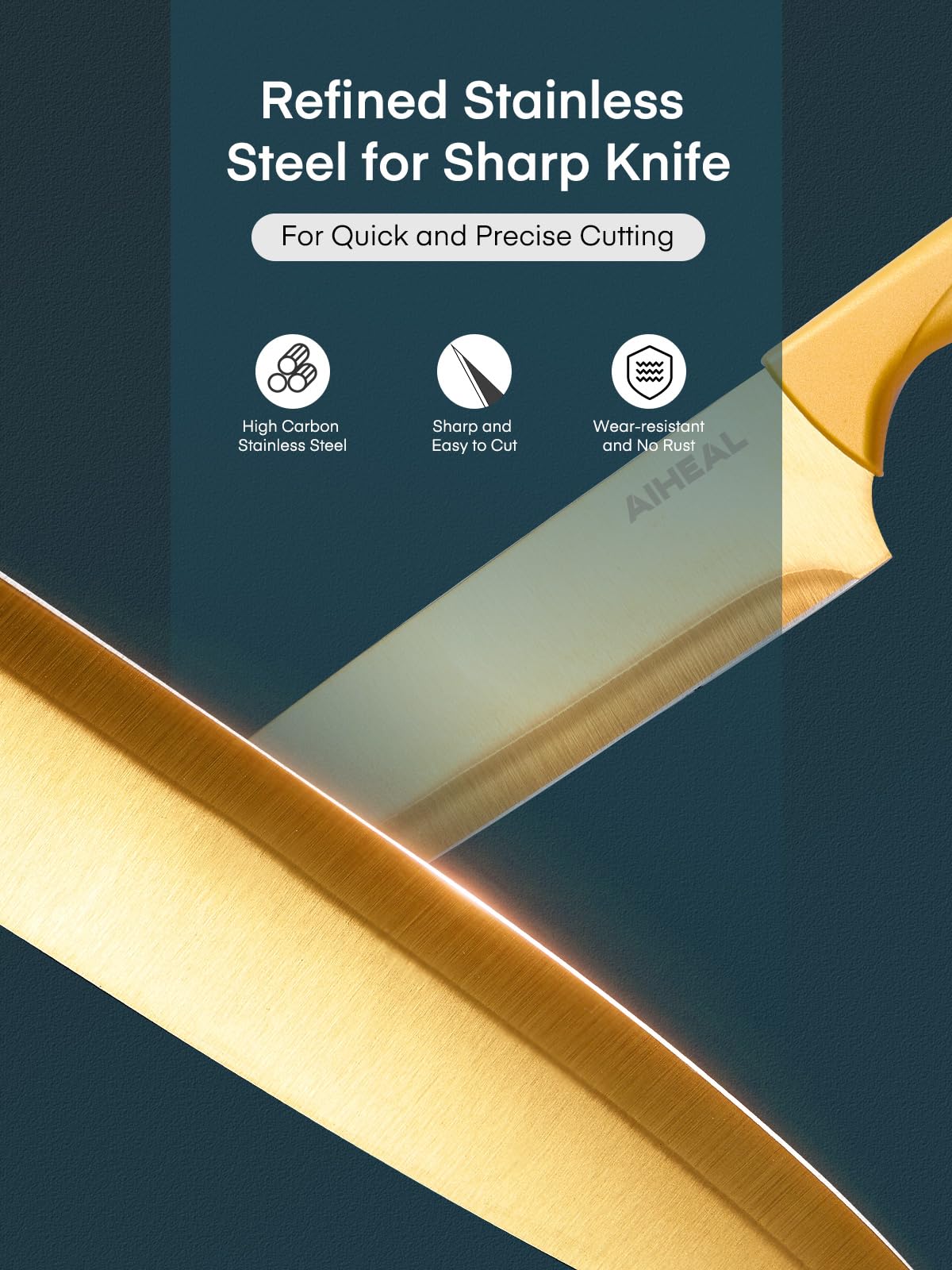Aiheal 8-inch bread knife with golden titanium blade for clean, even slices