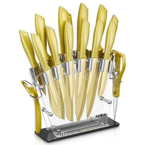 Aiheal 16-piece knife set with golden titanium blades for precise slicing and rust resistance