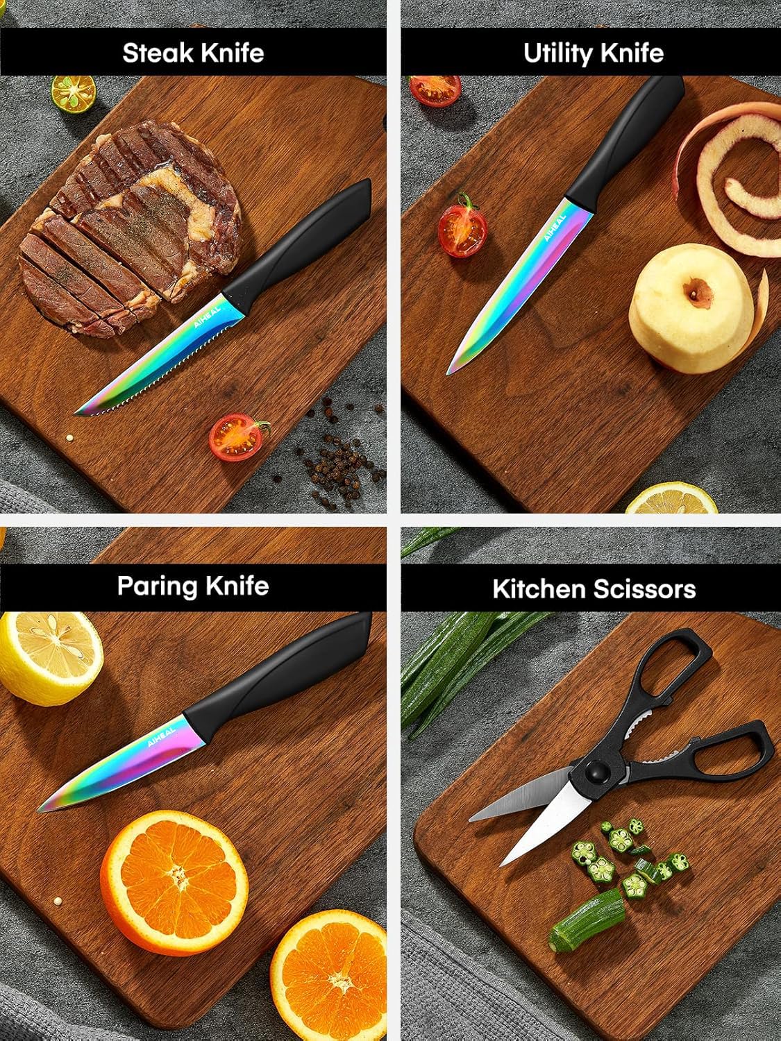 Aiheal rainbow color santoku knife for versatile chopping and slicing.