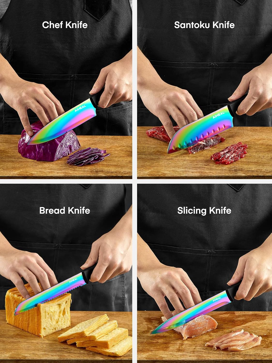 Aiheal rainbow color bread knife glides through crusts with ease.
