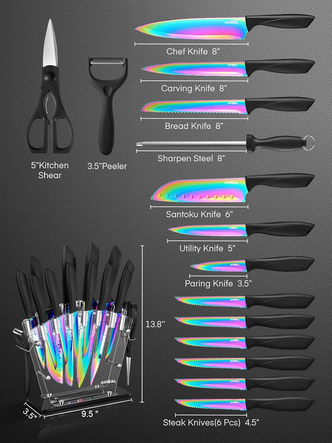 Aiheal rainbow color carving knife for clean, even roasts and poultry.