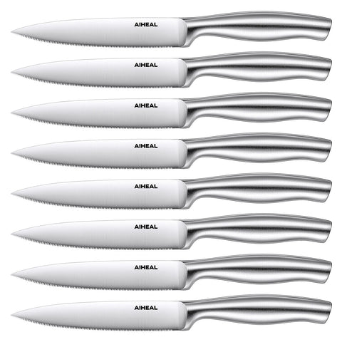 Aiheal 8-piece stainless steel steak knives set enables precise, effortless slicing.