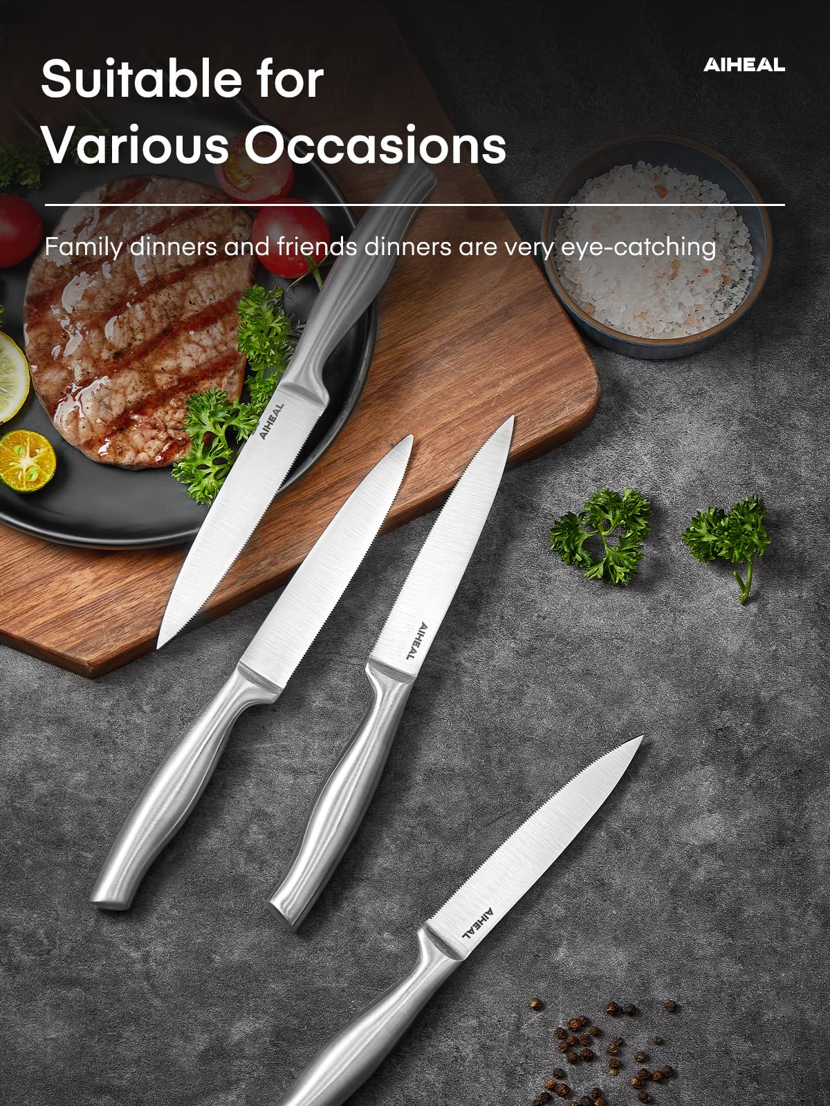 Aiheal steak knives versatile for beef, turkey, pork slicing and more.