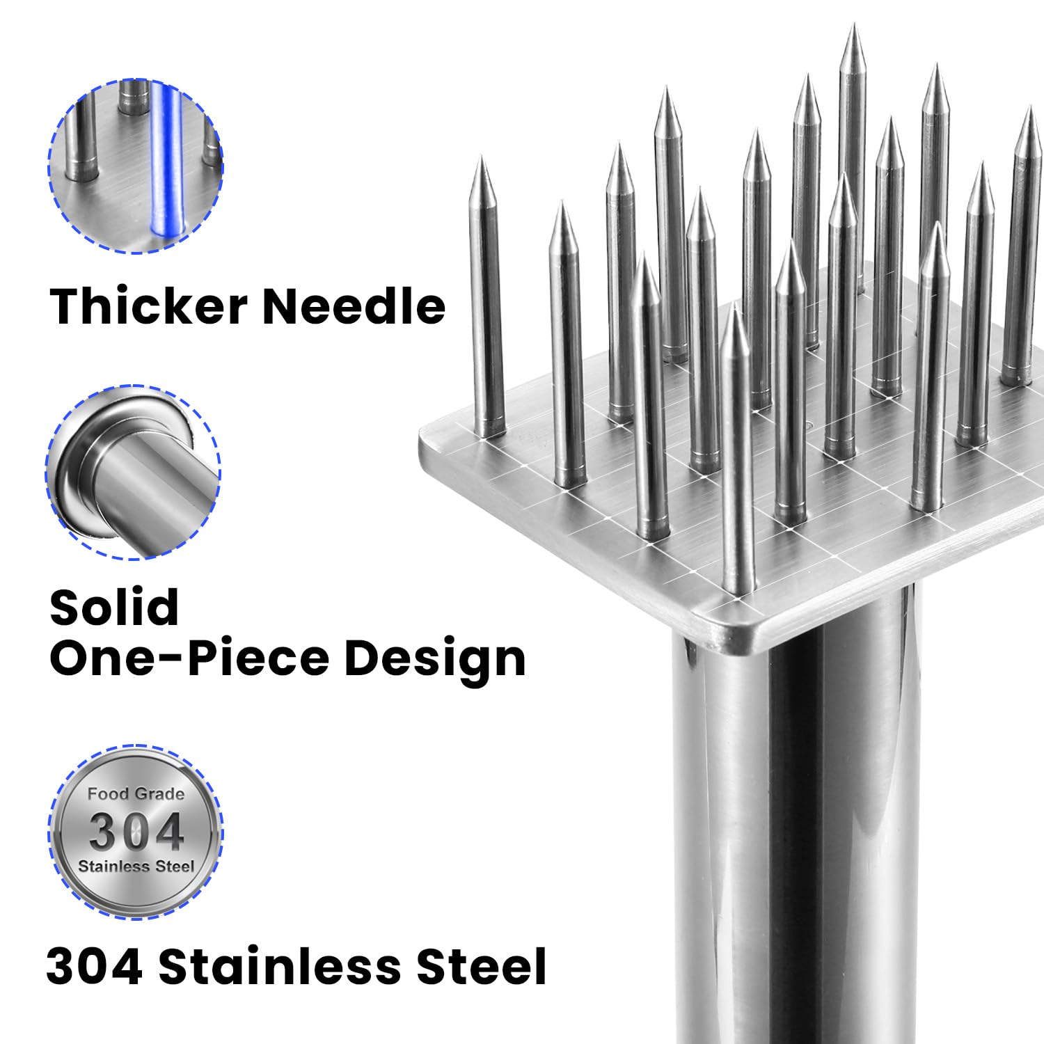 Aihomo comfort-grip metal handle ensures steady pressure during tenderizing.