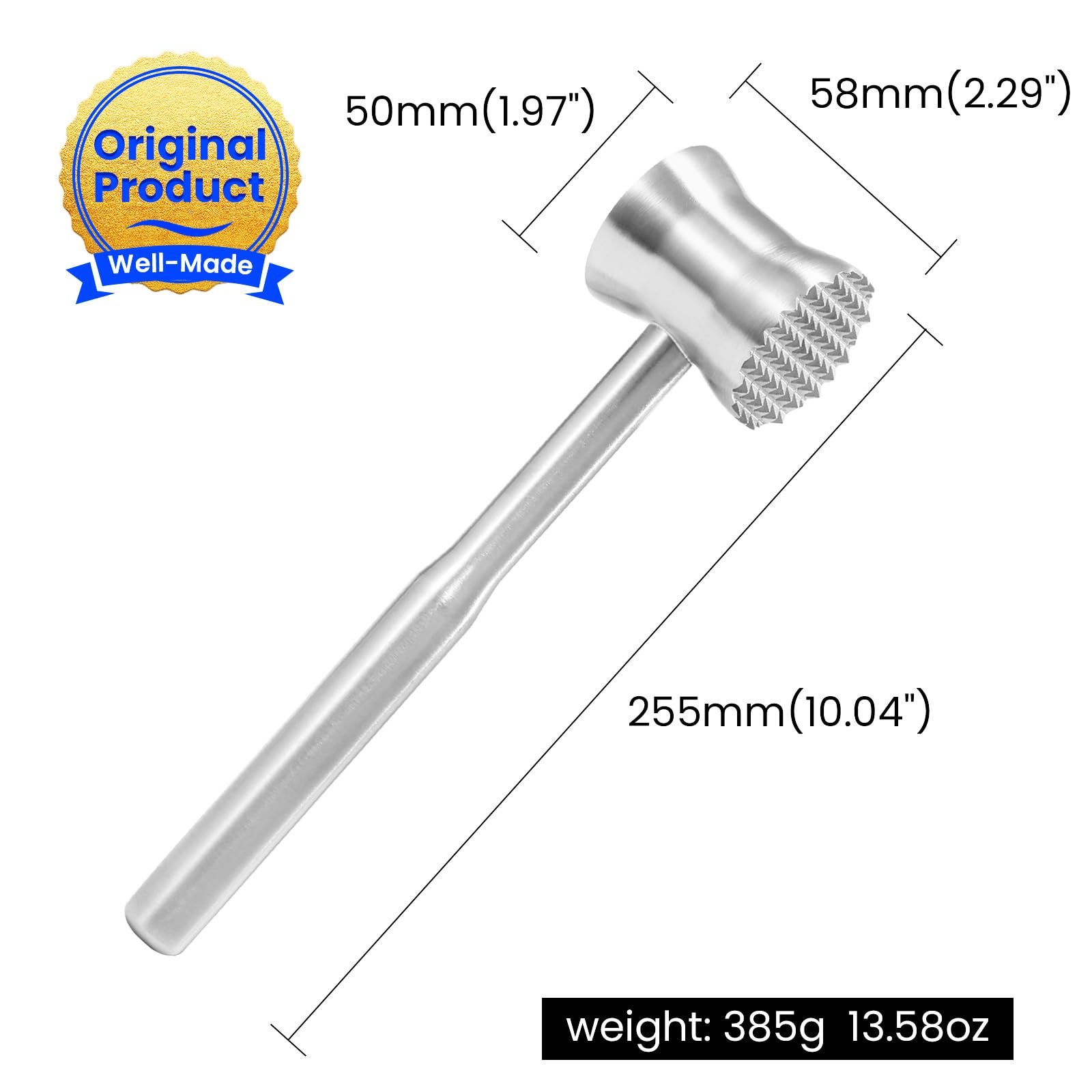 Aihomo meat tenderizer mallet teeth closeup reveals pyramid teeth for texture.