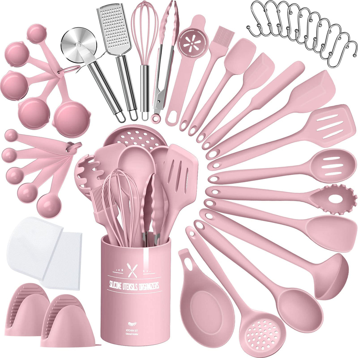 AIKKIL pink silicone cooking utensils set protects nonstick cookware during everyday cooking.