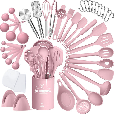 AIKKIL pink silicone cooking utensils set protects nonstick cookware during everyday cooking.