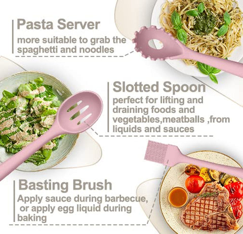 AIKKIL pink silicone spoon designed for stirring and scooping.