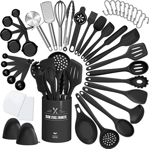 AIKKIL 43-piece kitchen utensils set with holder, silicone spatula close-up for nonstick protection